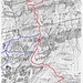 Rot: die moderne Route. Blau: die identifizierte Alternative für die historische Routenführung im unteren Teil (Bild: SAC-Clubführer Berner Alpen 2).