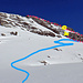 Am Gipfelaufbau: Blau = Aufstieg mit Ski / Rot bis zum gelben Kreuz = Versuch via steilem Couloire, da es vereist war kehrte ich um / Rot mit Kreisen = Gelungener Aufstieg mit kurzen Kletterstellen im 2. Schwierigkeitsgrad (Gelbe Kreise). Bei der oberen Kletterstelle hat es auch eine Eisenstange, es lohnt sich für ungeübte Kraxler für den Abstieg eine Repschnurr mitzunehmen.