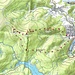 Karte mit der eingezeichneten Tour (Kartengrundlage: opentopomap.org). Dort, wo ich das rote Kreuz und die roten Punkte eingezeichnet habe, habe ich die Fortsetzung zum Immenstein abgebrochen.