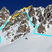 Mit ungefährem Aufstieg / Abfahrt mit Ski's (blau) und Fussaufstieg (gelb).