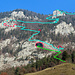 Die verschiedenen Höhlen und die optimale Route im Blickwinkel von Welschenrohr. Grün=Teilweise gesicherter Weg / Rot=Höhlen / Blau=Unwegsames Gelände