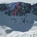 Schafberg N-Flanke mit Aufstiegs- (rot) und Abfahrtsroute (blau) von der Kaiseregg (Foto vom (18.3.23)