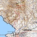 Karte vom Monte Graciosa (645m) mit rot eingezeichneter Route (Schwierigkeit T4+, Fels I-II). Von der Küstepfad bis zum kleinen Sattel beim P.160m ist die Strecke durch lichten Wald weglos, danach ist durchgehend ein gut erkennbarer Pfad vorhanden.