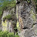 Felsen mit Schwefelflechte und Grenzmarke