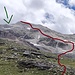 In rosso il nostro percorso e in verde la cresta dove probabilmente passa la normale