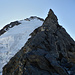 Abklettern über den unteren W-Grat: oben der obere W-Grat oder die W-Flanke, zuoberst der Gipfelgrat, links der zerrissene S-Ast des Tiefmattengletschers