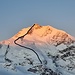 Piz Bernina im Morgenlicht von der Diavolezza aus, April 2022, mit der vermuteten eingezeichneten Route der Erstbesteigung über den Ostgrat. Die erste Besteigung des Piz Bernina durch Coaz und den Führern Jon und Lorenz Ragut Tscharner am 13.9.1850 erfolgte erst morgens um 6 Uhr von den Berninahäusern aus. Über den Morteratschgletscher und das spaltenreiche "Labyrinth" gelangten sie über die Südseite zum Ostgrat, den sie vermutlich oberhalb des Sass dal Pos (Ruhe- oder Rastfelsen) 3266m erreichten. Um 18 Uhr erreichten alle drei den Gipfel und stiegen auf derselben Route ab. Ihre Route ist heute wegen dem starken Rückgang des Morteratschgletschers nicht mehr möglich. Nachts um 2 Uhr erreichten sie nach einem 20-stündigen Marsch unter dem "gütigen Mond" wieder ihr Gasthaus bei den Berninahäusern. 