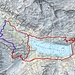 Rot eingezeichnet:  rot-weisser Bergweg T3<br />Blau eingezeichnet: blau-weisser Bergweg inkl Klettersteig. Begehung nur mit KS-Ausrüsstung versteht sich von selbst. Wer keine hat, kann sich auf den umliegenden Hütten mieten