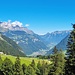 Blick über das grüne Hochplateau Altenoren ins Grosstal. Links die Alphütte  Ahornen