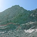 Der Einstieg zum Geröllfeld in der Nordflanke befindet sich links oberhalb von einem kleinen Eisrest vom ehemaligen Gletscher. Dieser Einstieg geht erst über Felsen mit guten Tritten und Griffen (T5, I).