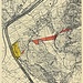 Die Grenzbereinigung von 1949 mit der Einverleibung des Ellhorns (gelbe Fläche) durch die Schweiz im Landtausch mit dem Fürstentum Liechtenstein (rote Fläche)  