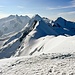 Blick vom Gipfel des Breithorn in Richtung Monte Rosa, Liskamm, Pollux und Castor. 