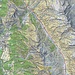 Karte mit rot eingezeichneter Route. Die bestiegenen Gipfel sind Cima di Brasciana (2390m) und der Südgipfel P.2466m der Cima di Pinadee. Leider reichte die Zeit wegen den Bedingungen mit Schnee in den Felsen nicht zum Hauptgipfel der Cima di Pinadee (2486,3m). Die drei Gipfel sind gelb umramt.