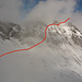 Blick vom 1. zum 2. Hane, zu dem die eingezeichnete Route durch die Alpiglemäre SSE-Flanke führt