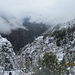 Der Nebel gewährt einen flüchtigen Blick in die Schlucht des Dudh Koshi