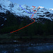 Morning at 6.15 auf der Fafleralp: letzter Blick Richtung Breitlauijoch. Ins Auge gefasst rot die Aufstiegsroute zu P. 3305, rechts davon das Chiehorn, blau die Abfahrtsroute vom Breitlauijoch über den mittleren und W Loibinbachgletscher, und links oben das Breitlauihorn