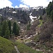 Zuerst geht es über einen teils matschigen Steig bergan. Man sieht oben neben dem Bach ein steiles Schneefeld, dass mir etwas Schwierigkeiten machen wird.