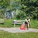 Gipfelrast, bei der wir angesichts des Ostwindes eine Jacke vertragen konnten. Das Gasthaus Pfänderspitze war noch zu, aber man kann sich am Getränkeautomat bedienen.