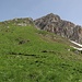 Steiler Wiesenweg zum Vorgipfel der Hochkünzelspitze, hier erkennt man gut die Scharte zwischen Vor- und Hauptgipfel.