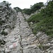 Steile Kletterstelle, hier im Rückblick von unten gesehen (T4, UIAA I). Der ostseitige und der südseitige Aufstieg bzw. Abstieg sind vom Gelände und den Schwierigkeiten vergleichbar. 