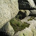 Schlüsselstelle dieser Aufstiegsroute ist dieses Band, das zuerst über eine hohe Stufe (unterhalb des Fotos) erklommen und dann ausgesetzt nach rechts gequert werden muss. Dabei hat man oben keine richtigen geformten Griffmöglichkeiten, sondern man muss den oberen Block mit beiden Händen rechts und links auf Reibung umklammern. Insgesamt ist diese Aufstiegsmöglickeit ungefähr gleich schwierig wie die zuerst von mir genutzte auf der Ostseite (also auch UIAA I).