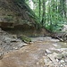 hier macht der Bach noch einen Bogen, aber er will wohl mit dem Kopf durch die Wand. Mit Erfolg. Der Sandstein ist unterspült, bricht ab, bald geht es hier geradeaus.