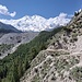 Abstieg von Fairy Meadows über den wunderbar angelegten Moränenweg zurück Richtung Tato: über dem Raikhotgletscher am Horizont von rechts Mazeno Peak, Nanga Parbat, Raikhot Peak und Chongra Peaks