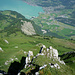 Abstieg über die zwar weiss-blau markierte, aber ausgesetzte Rippe zur Arvenegg, darunter die Alpstrasse beim Hennefidla und die Riseten, und unten das obere Seende mit Aaresand, Kienholz und Brienz