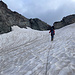 Kurz vom dem Obertaljoch. Übergang in den Fels befindet sich links. Geradeaus wäre das Felsband deutlich schmaler aber der Gletscherschlund ist dort rund 2m breit. 