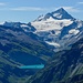 Aussicht vom Roc d'Orzival: hier der Stausee Lac de Moiry mit Dent Blanche und der Gipfel vom Matterhon