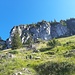 Nach oben heraus steilen die Wiesen ordentlich auf und man quert schließlich unterhalb der Wand ca. 100 Meter nach rechts