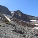 An derselben Stelle wie voriges Bild in die andere (ca. südwestliche) Richtung mit Andeutung unserer Route (gestrichelt hinter dem Felsen am Firnfeld entlang)