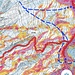 Traccuia di discesa su mappa invernale. Evitare i salti di roccia tenendosi a nord sulla traccia scialpinistica