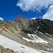 Aufstiegsroute zum Madrisahorn. Bereich der Schlüsselstelle mit X markiert.