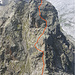 Ungefähre Abstiegsroute vom Westgipfel, mit Abseilstelle für die letzten 2-3 Meter in die Scharte 