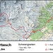 Karte mit rot eingezeichneter Strecke und eingezeichnetem optimalem Biwakplatz. Dies ist der Normalweg auf den Piz Forbesch; wenn kein Firn in der Südostwand-Rinne liegt ist die Route wegen viel losem Schutt nicht geeignet für den Aufstieg, da äusserst mühsam.