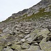 Geröll auf ca. 2700 m in der Strahlhorn-Südflanke. Im Grashang rechts der Bildmitte befindet sich eine Markierungsstange (blaue Raute in der Routenskizze). 