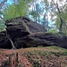 ...einem kleinen Aussichtspunkt ohne Aussicht. Aber ein hübscher romantischer Fels im Wald immerhin. 