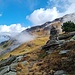 Hinten ist die Alpsiedlung Chli Guraletsch mit dem im Valsertal typischen "Ifang" (Trockensteinmauer zum Einfangen der Tiere) sichtbar