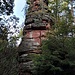 Zwischen dem Schafstein und dem nördlich davon stehenden Schäferturm verließen wir die Felsen in halblinkser Richtung, wo der als Hahnfelstour markierte Weg hinunter ins Tal des Breitenbachs führt.