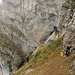 Blick von der Rinse (2) auf das gut begehbare Grasband (3) welches zur Geröllschlucht (4) führt. 