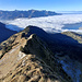 Tiefblick vom Gipfel der Rochers de Naye über den SW-Grat hinunter nach Sautodoz. Links unter dem Grat der Bergweg, am Horizont u.a. Les Cornettes de Bise und Mont de Grange