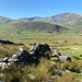 Im Abstieg zwischen Snowdon und Llanberis - Blick über Mauern und Ruinen in Richtung Moel Cynghorion (674 m). Bei genauem Hinsehen ist auch ein Zug zu erahnen, der bei der Station Herbon unterwegs ist.