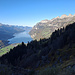Ein Traumtag kündigt sich an: Tiefblick vom Bruch zum nur von einer leichten Bise gekräuselten Walensee, darüber rechts die Churfirsten, links der Mürtschen, und hinten u.a. die Wägitaler