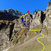 Rückblick zur Hütte (Rotes Haus) auf Gämsstafel und dem Weg (Blau = Fixseile). Die Leiter ist in Rot eingezeichnet. Gelb sind Etappen ohne Fixseil.
