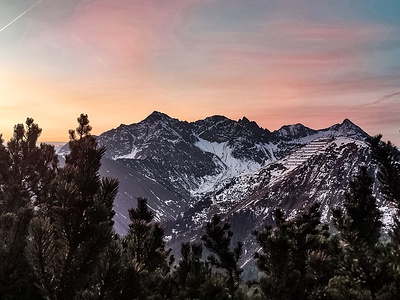 Pünktlich vor dem Alpenglühen bin ich im Latschengürtel. Roter Stein (2366 m) und Loreakopf (2471 m) grüßen herüber.
