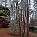 Schließlich nähert man sich der Kaiserslauterer Hütte des DAV. Sie steht, umringt von weiteren Felsen, auf einem kleinen Plateau. Links der Hütte erhebt sich der von hier aus gesehen eher kleine Bruchweiler Falkenfels.