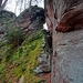 Der mitten im Wald gelegene Dretschfels ist einer der schönsten Felsen dieser Tour. Die Felsen bieten Kletterrouten zwischen II und VII. und einen netten Durchstieg mit Kraxelstelle (I).