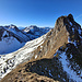 Auf dem schön geschwungenen Sattel zwischen W- und W Mittelgipfel: hinten links u.a. Widdersgrind und Schibe, dazwischen Les Diablerets und Mont Blanc