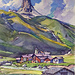 Das Dörfchen Zervreila mit dem gleichnamigen Horn. Aquarell von Victor Wildhaber (1896 - 1968) aus dem Jahre 1937